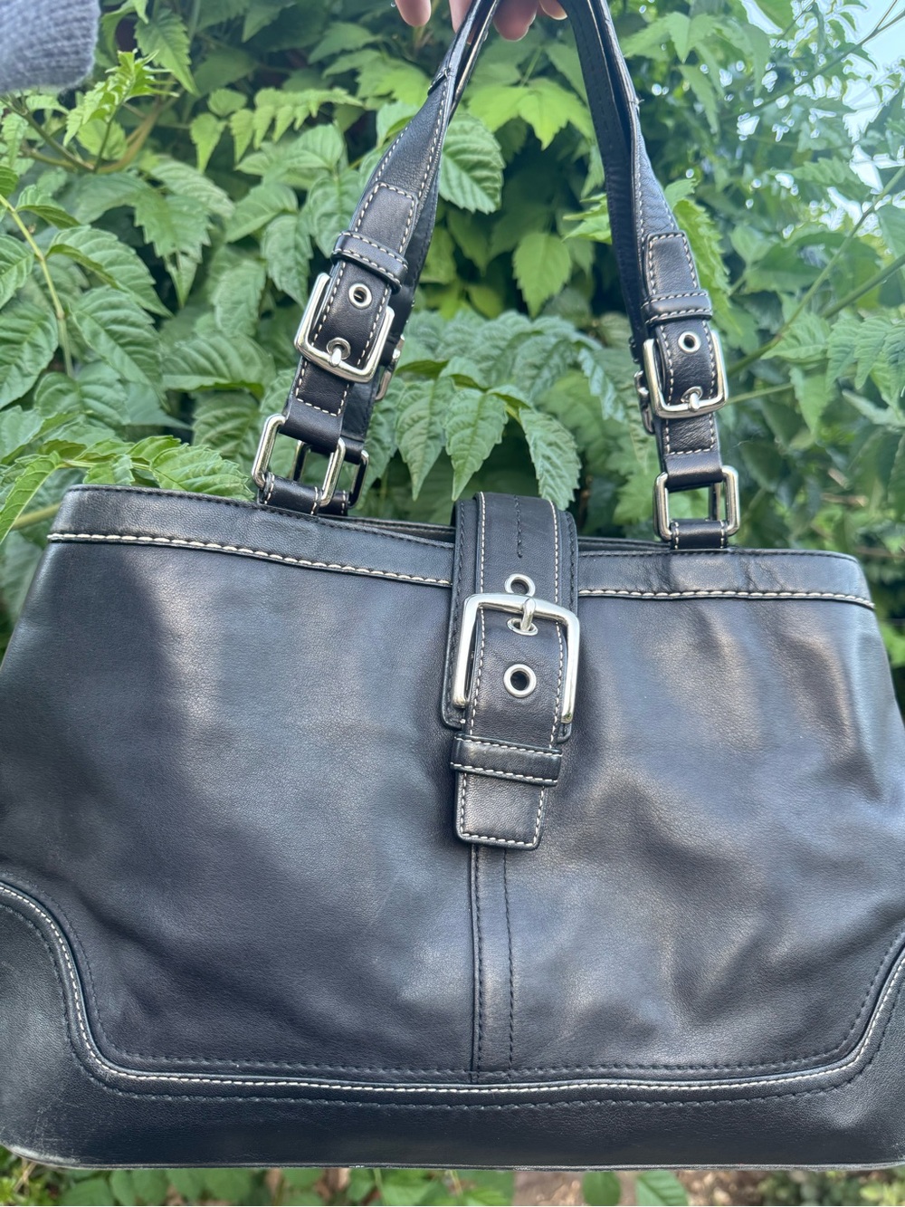 Women's Black Leather Buckle Tote Bag